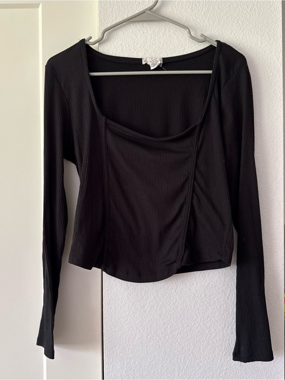 Love Black Ribbed Long-Sleeve Square-Neck Top